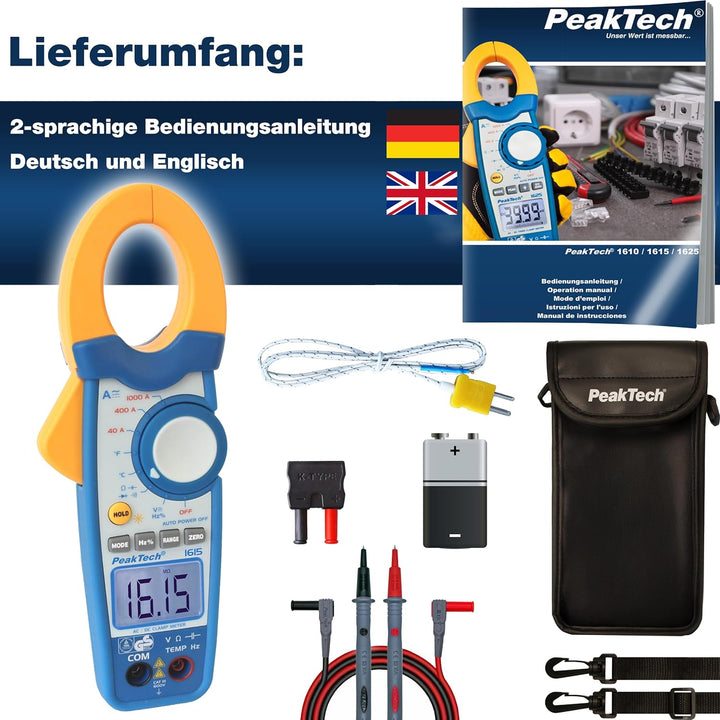 PeakTech 1615 – Zangenmessgerät 1000A AC/DC, Stromzange Multimeter, TÜV/GS, CAT III, Strommesszange,