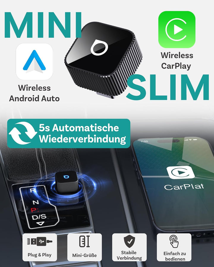 Ottocast Mini Slim 2026 Version, Wireless CarPlay & Android Auto Adapter, Kabelgebundenes CarPlay &