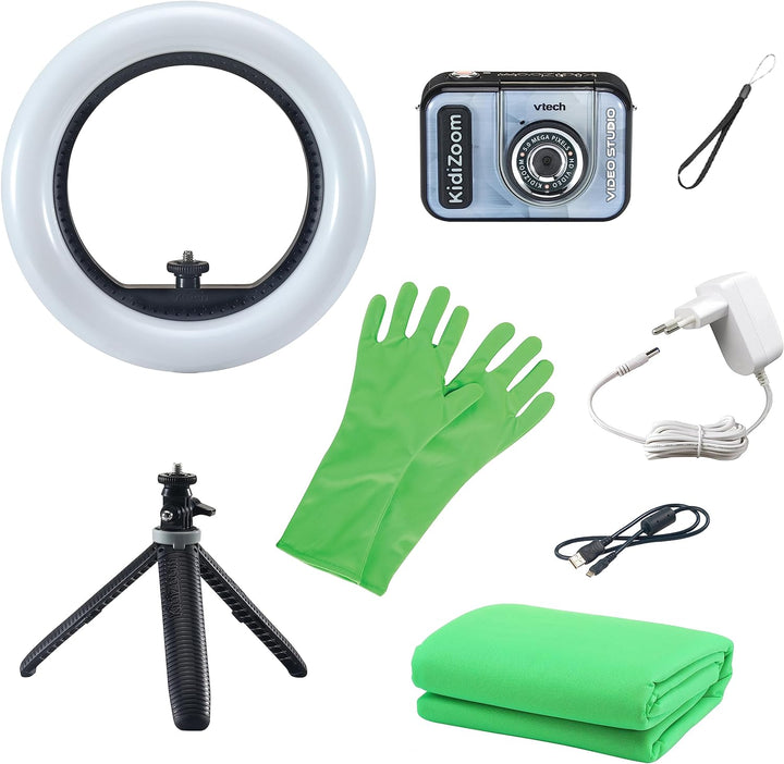 VTech KidiZoom Video Studio Deluxe Bundle – Kinderkamera mit Greenscreen, Stativ, Ringlicht, Handsch