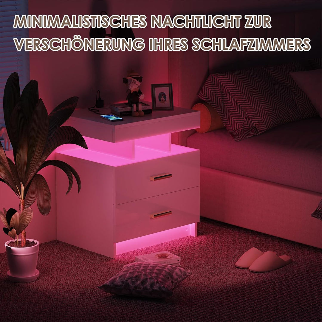 PIPIPOXER Nachttisch mit LED Licht,Nachtschrank mit Steckdose und Ladefunktion,Nachschrank mit 2 Sch