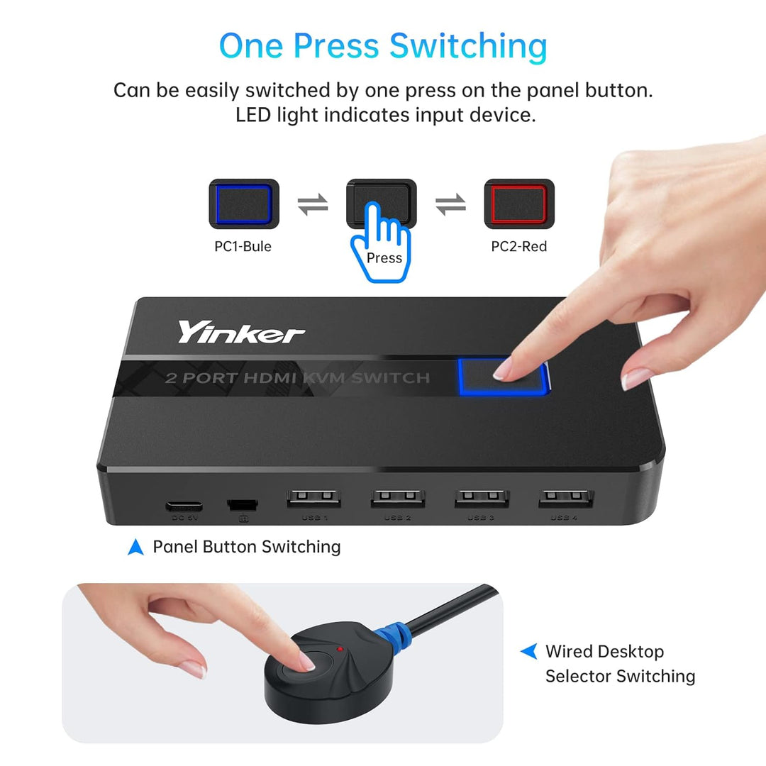 4K 60Hz HDMI KVM Switch 2 Port, Yinker HDMI KVM Switch 2 PC unterstützt 2 Computer 1 Monitor Keyboar