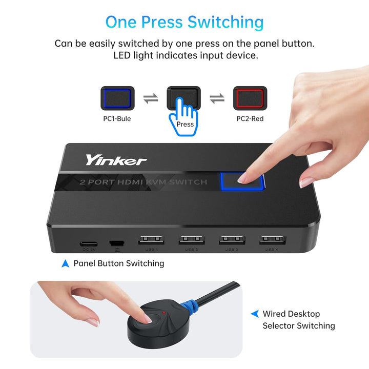 4K 60Hz HDMI KVM Switch 2 Port, Yinker HDMI KVM Switch 2 PC unterstützt 2 Computer 1 Monitor Keyboar