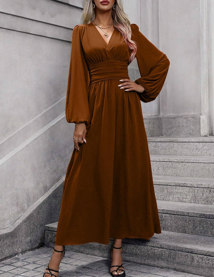 Damen Kleid 2.0 Elegant Langarm V-Ausschnit Tunika Maxikleider Casual Hohe Taille Saumschlitz Cockta