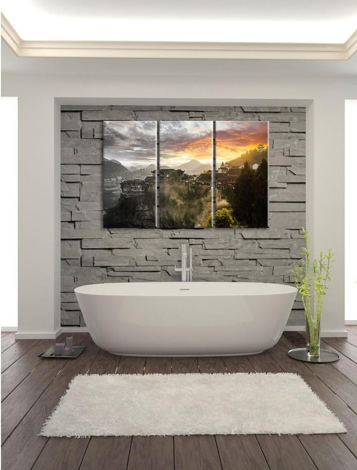 Pixxprint Gigantisches Dorf in China Schwarz/Weiss 3-Teiler Leinwandbild 120x80 Bild auf Leinwand