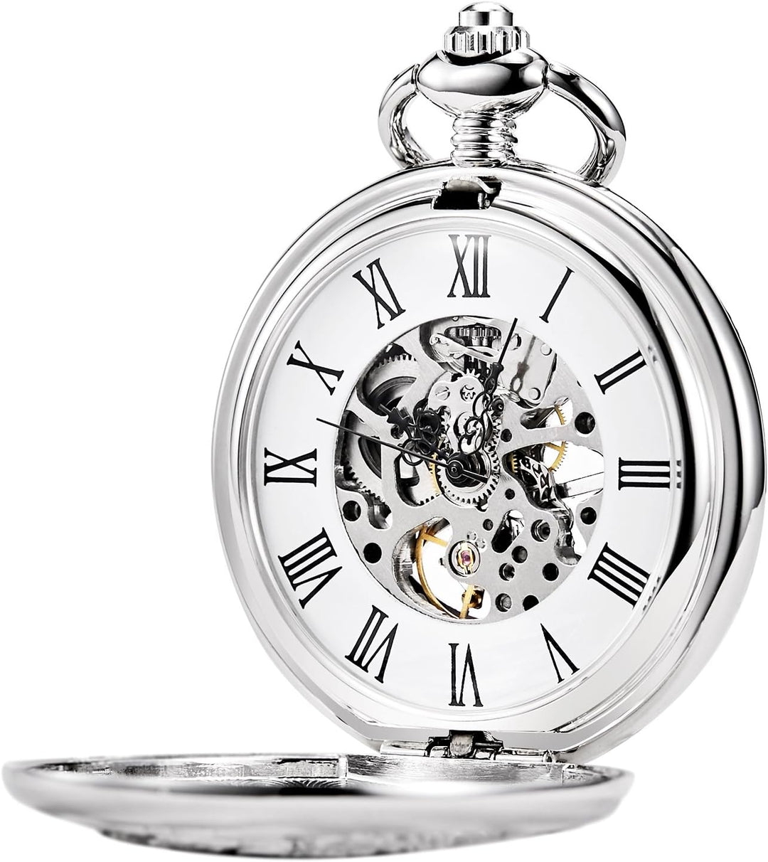 TREEWETO Unisex Taschenuhr mit Kette Analog Handaufzug Einhorn Kylin Skelett Silber
