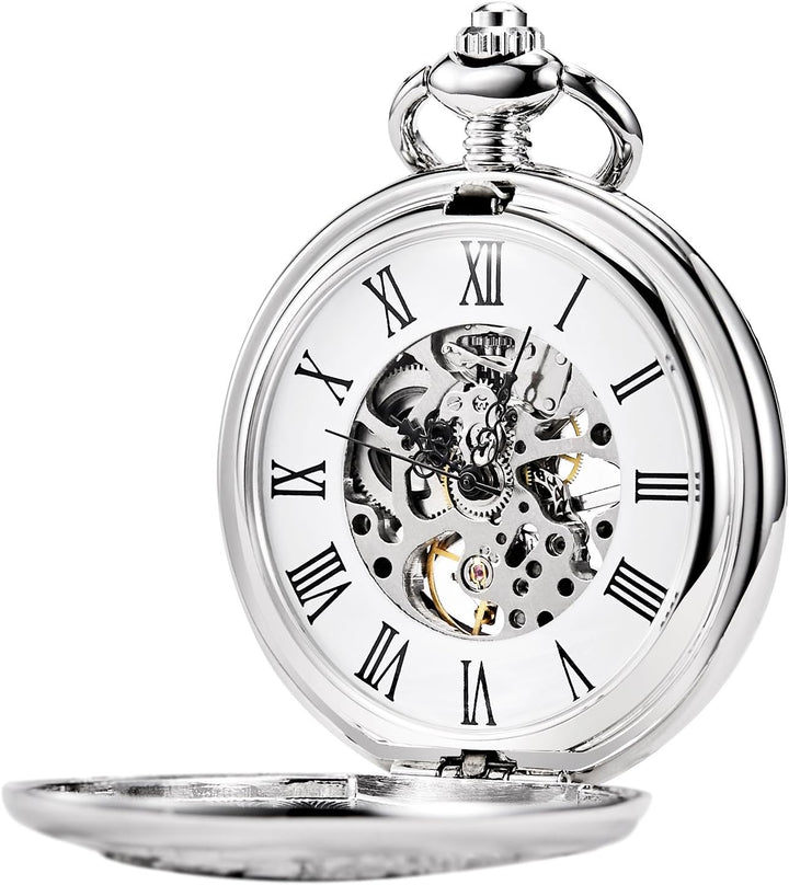 TREEWETO Unisex Taschenuhr mit Kette Analog Handaufzug Einhorn Kylin Skelett Silber