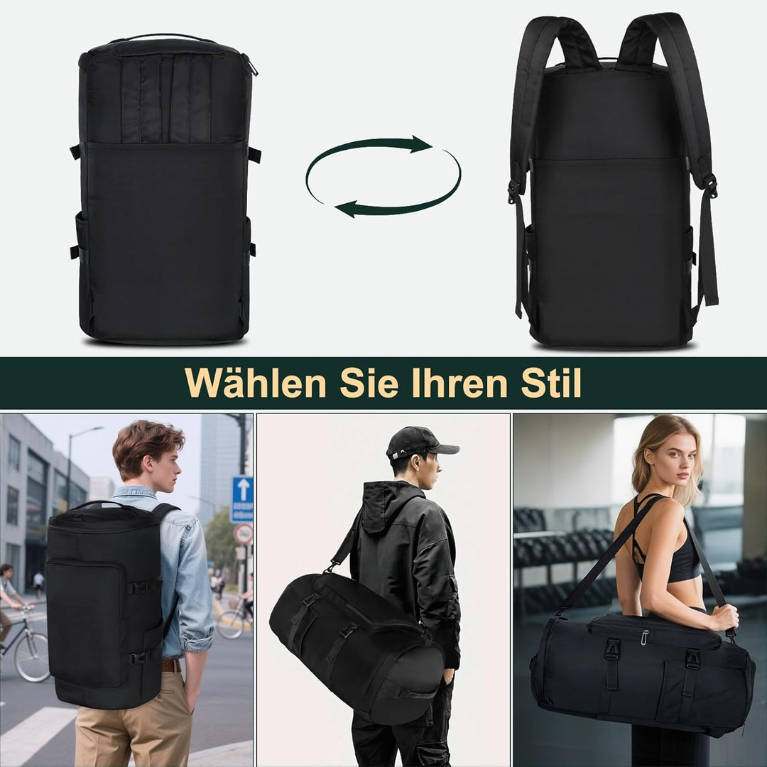 KYYLZ Sporttasche Herren, 58L Damen Sporttasche Rucksack, Gross Reisetasche mit Schuhfach und Nassfa