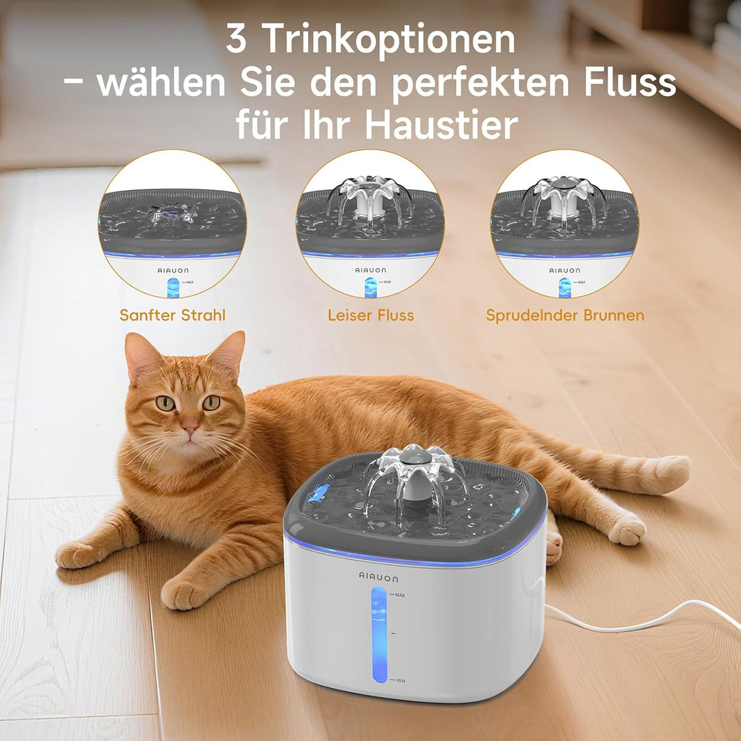 Trinkbrunnen für Katze, 2,5L Katzenbrunnen Leise mit 2 Ersatzfiltern und LED-Wasserstandsfenster für