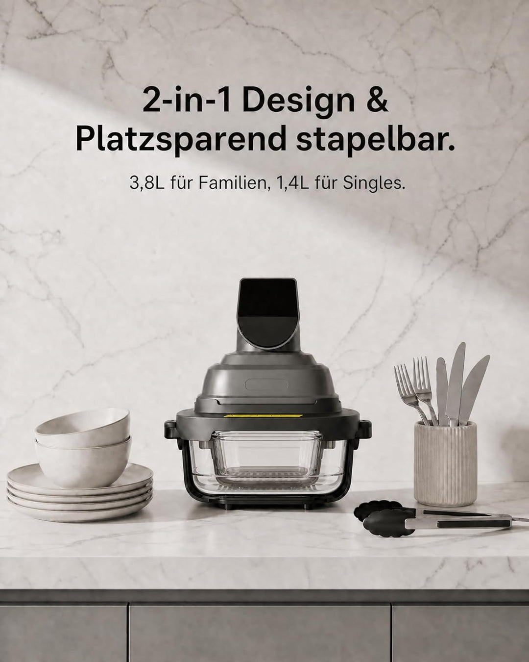 Cartman Tragbare Glas Heissluftfritteuse mit 2 Behältern (3,8 L + 1,4 L), 5-in-1 zum Frittieren, Bra