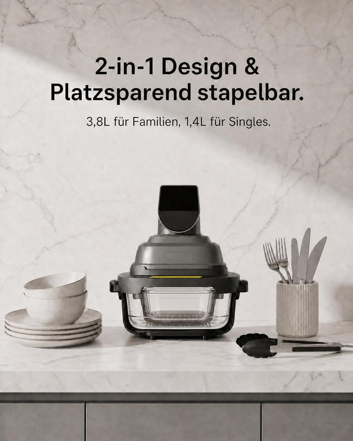 Cartman Tragbare Glas Heissluftfritteuse mit 2 Behältern (3,8 L + 1,4 L), 5-in-1 zum Frittieren, Bra