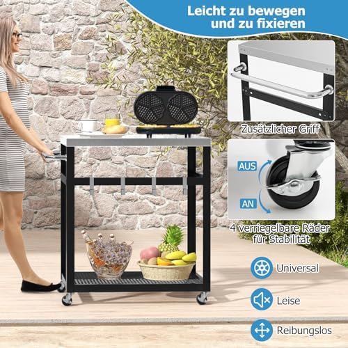 Generisch Grilltisch Outdoor, Servierwagen mit 2 Ablagen & 4 Rädern & Griff & 4 Haken, Pizzatisch Be