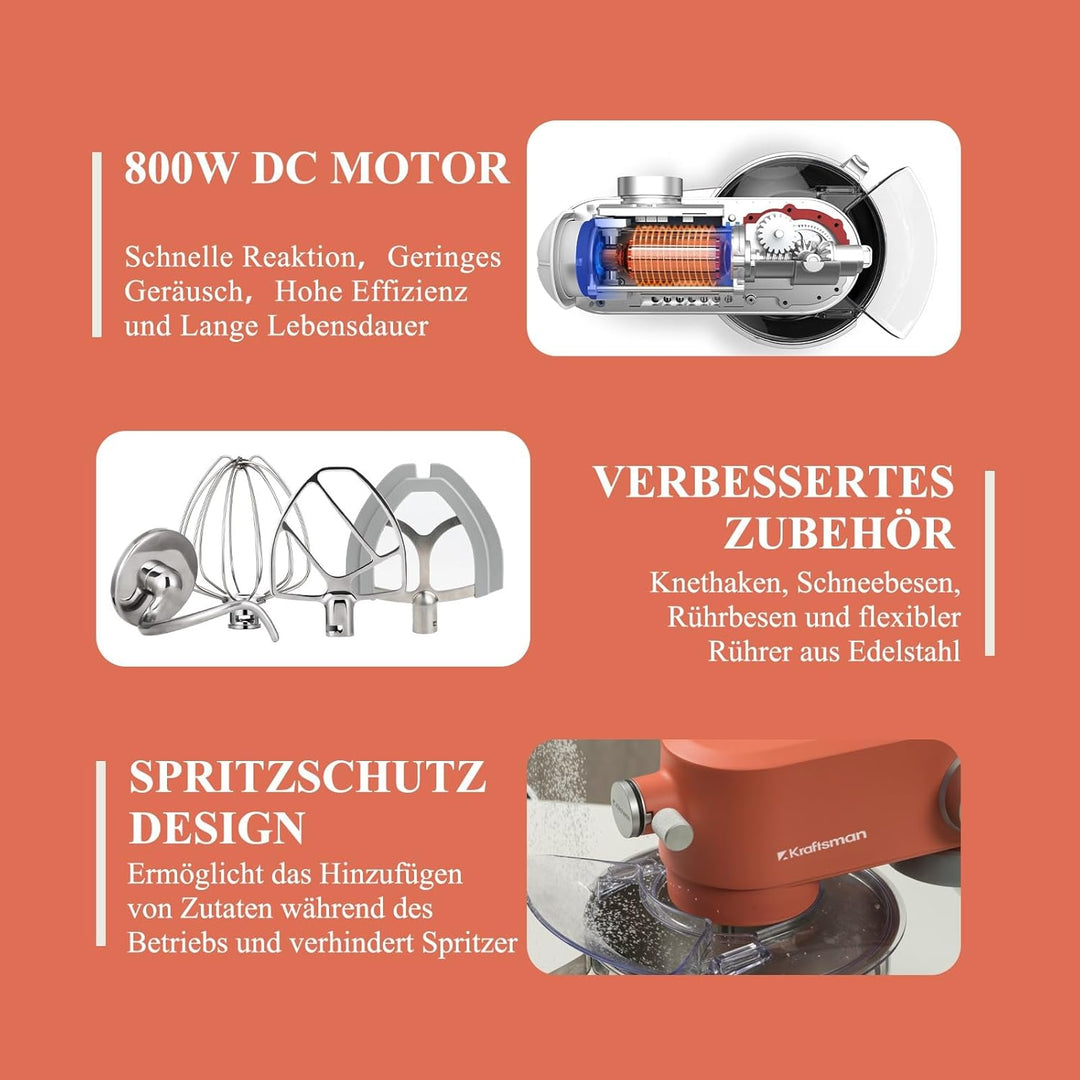 5L Vollmetall-Küchenmaschine,Pizzateig Knetmaschine,Teigmaschine mit leisem Kupfer-DC-Motor, 4 Edels