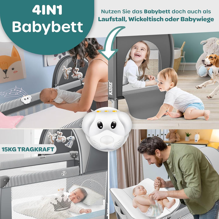 Kidiz® Babybett Reisebett Kinderreisebett klappbar mit Matratze & Räder 120x60, Seiteneingang, Wicke