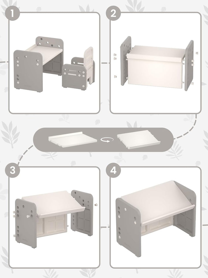 Kindertisch mit Stühle, Höhenverstellbarer Kinder Tisch Stuhl Set, Konvertierbarer Desktop，Multifunk