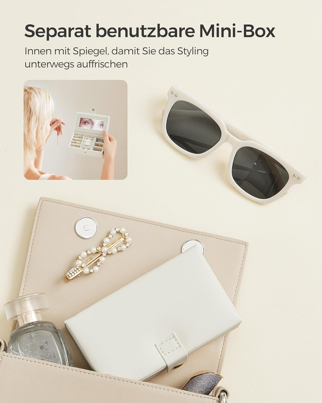 SONGMICS Schmuckkästchen 3 Ebenen, Schmuckkasten 2 Schubladen, tragbare Mini-Box für Reisen, mit Gri