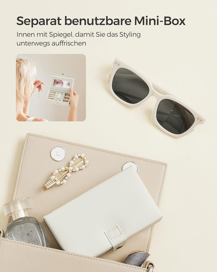 SONGMICS Schmuckkästchen 3 Ebenen, Schmuckkasten 2 Schubladen, tragbare Mini-Box für Reisen, mit Gri