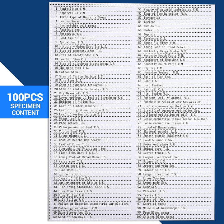 USCAMEL 100 Mikroskop Objektträger, 100 vorbereitete Mikroskop-Objektträger mit Exemplaren für Kinde