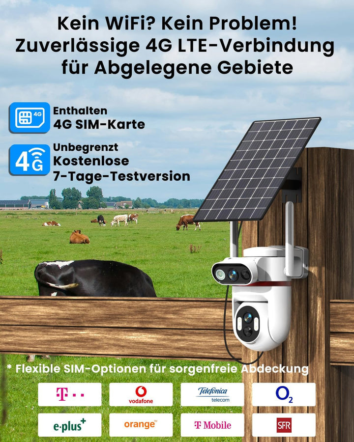 UCOCARE Überwachungskamera Aussen Solar, 4G LTE Überwachungskamera mit SIM Karte, 4MP Dual-Kameras,