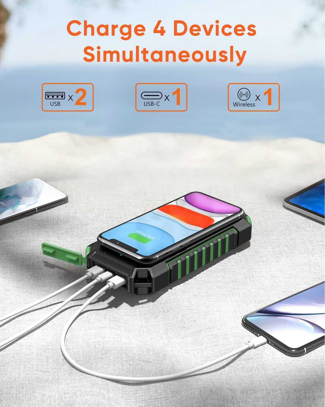 Hiluckey Wireless Solar Powerbank 26800mAh: Solar Ladegerät USB C Externer Akku mit 4 Outputs, Wasse