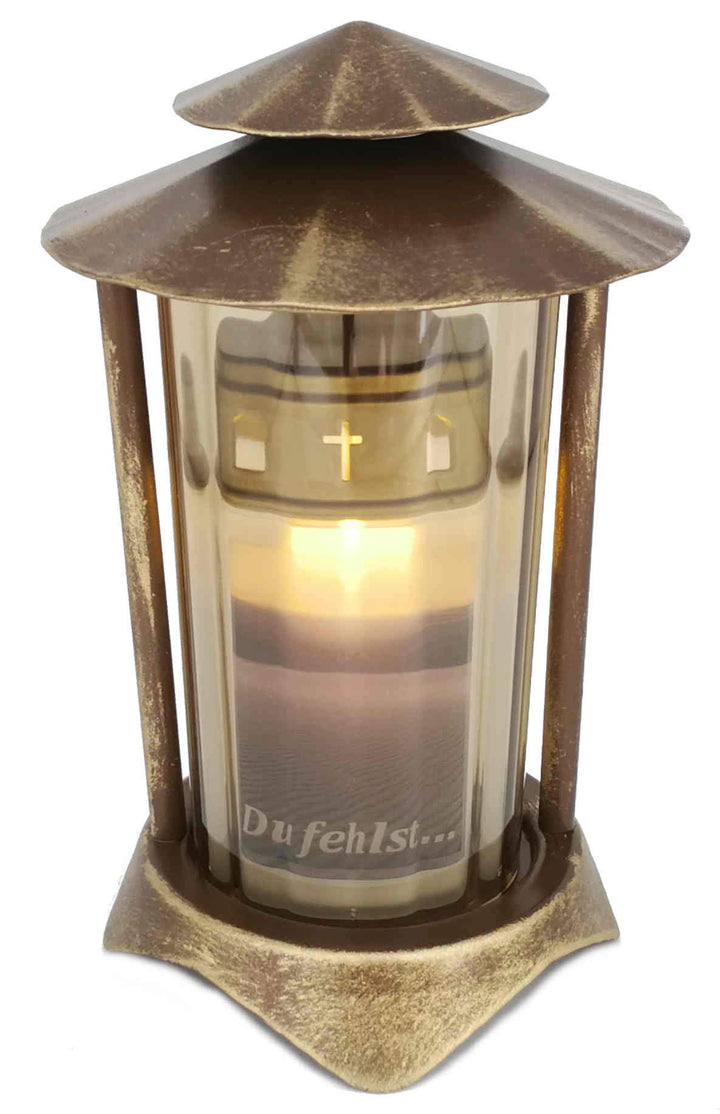 Grablaterne, Grableuchte aus Metall rund inkl. LED-Kerze 21 cm (Laterne: Bronze - Glas: Bronze), Lat