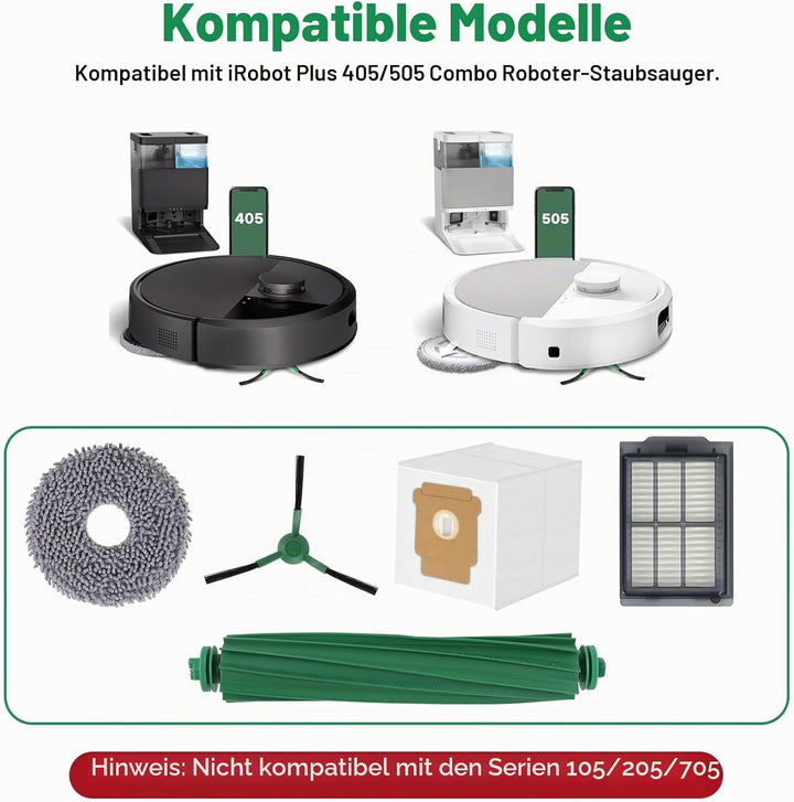 Zubehör Ersatz für iRobot Roomba Plus 405 Combo/505 Combo Saugroboter, 1 Hauptbürste, 2 Filter, 4 Se