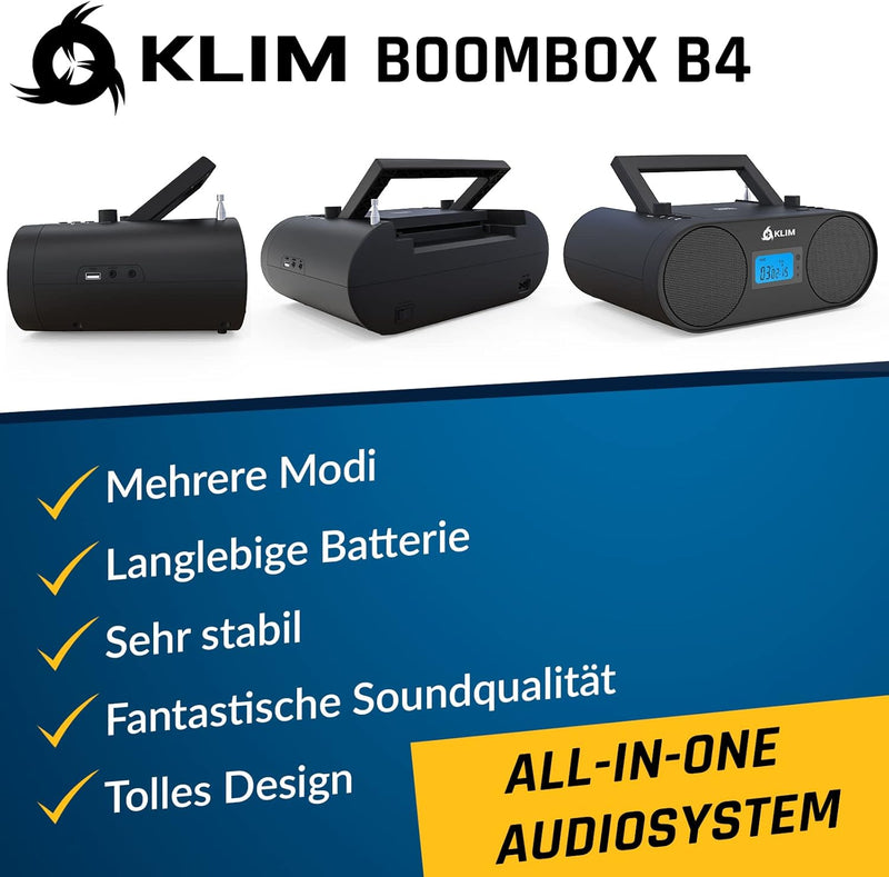 KLIM Boombox B4 Radio mit CD Player + 2024 Release + AM/FM Radio, MP3, Bluetooth, AUX, USB tragbar m