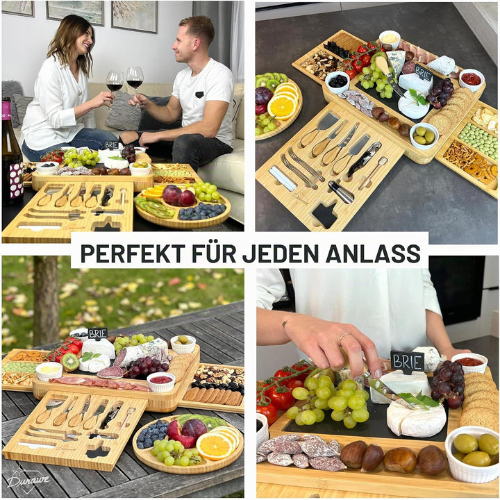 Bambus Käsebrett und Messer-Set Keramik-Schalen Weinöffner – 100% Bio-Holz Serviertablett Charcuteri