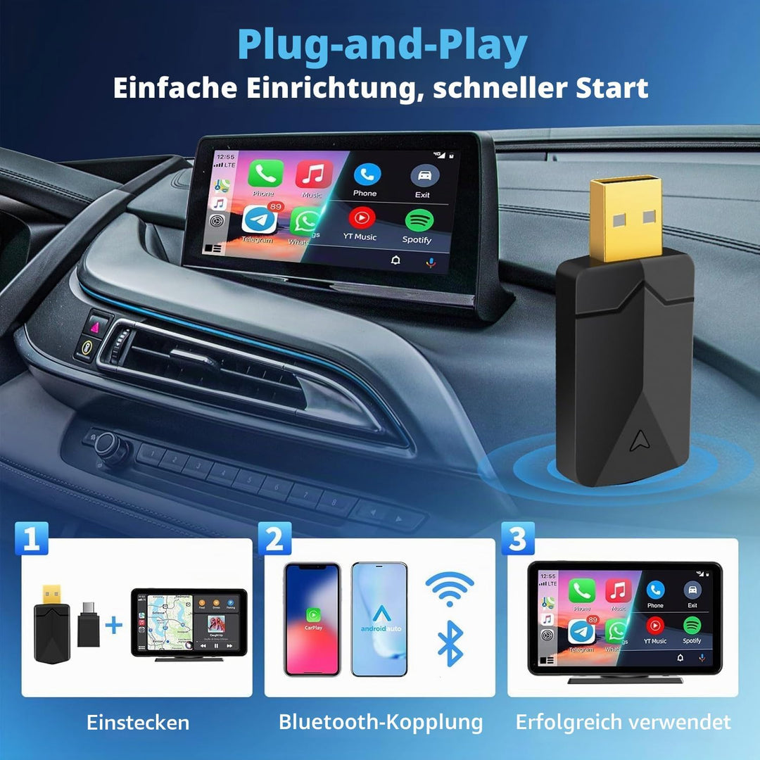 2 IN 1 Wireless CarPlay &amp; Android Auto Adapter, Kabelloser USB-Dongle für Autos, Kabelloses CarPlay