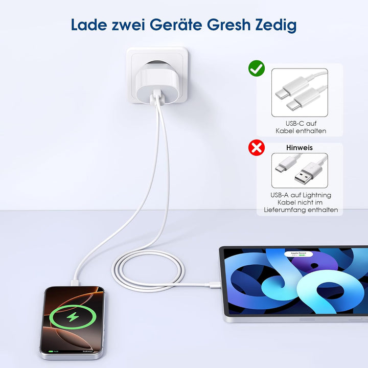 KenSera 20W USB C Ladegerät Schnellladegerät mit 2m Kabel, 2-Port Netzteil USB-C & USB-A, Fast Charg