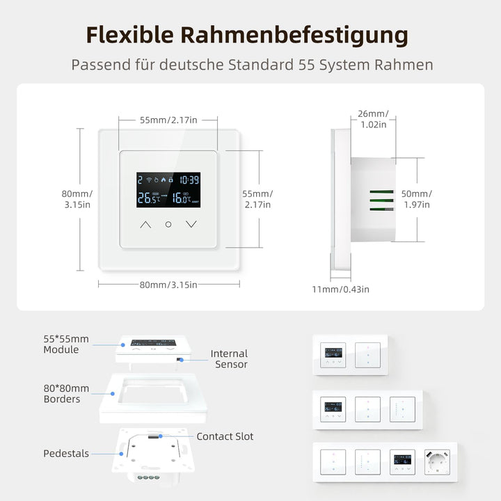 Samrt WiFi Themrmostat für Elektrische Fussbodenheizung, 55 x 55mm Standard, Glasfläche, Programmier