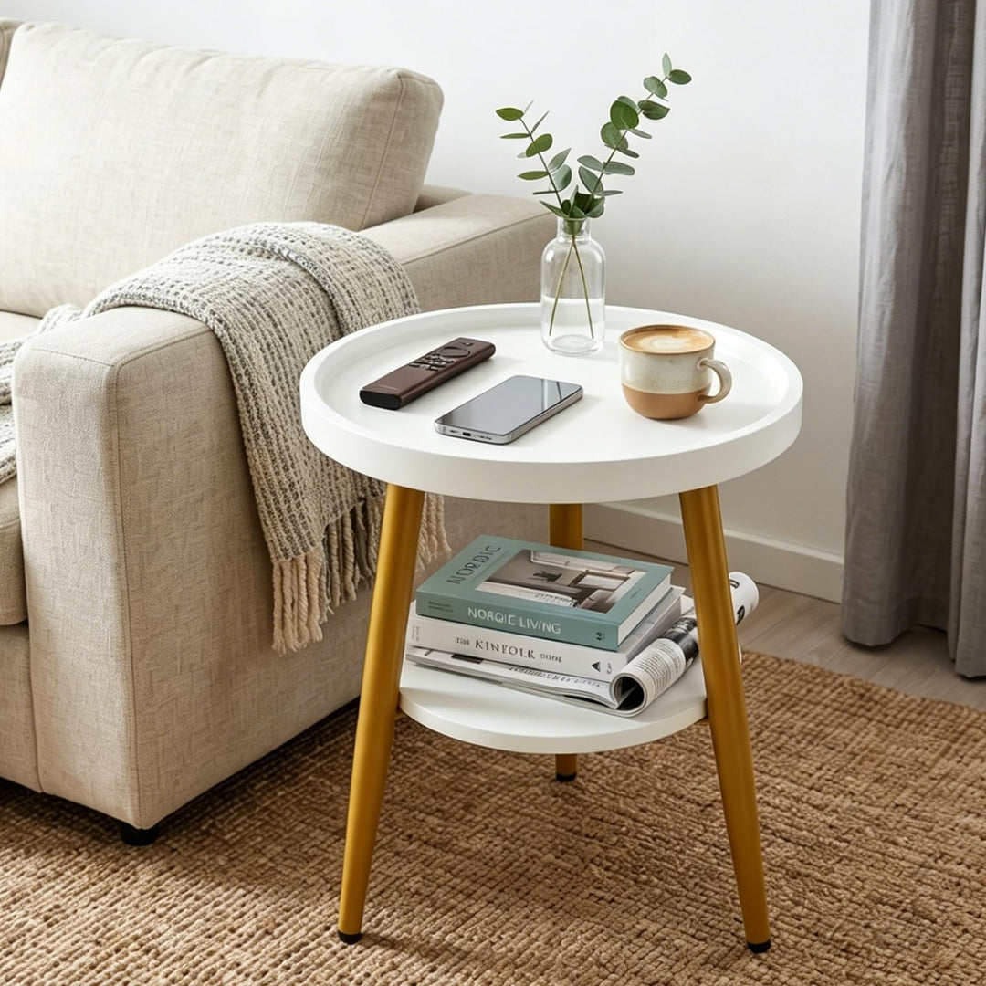 Beistelltisch Rund Holz | Runder Beistelltische Wohnzimmer | Couchtisch Klein mit Unterem Ablage | S