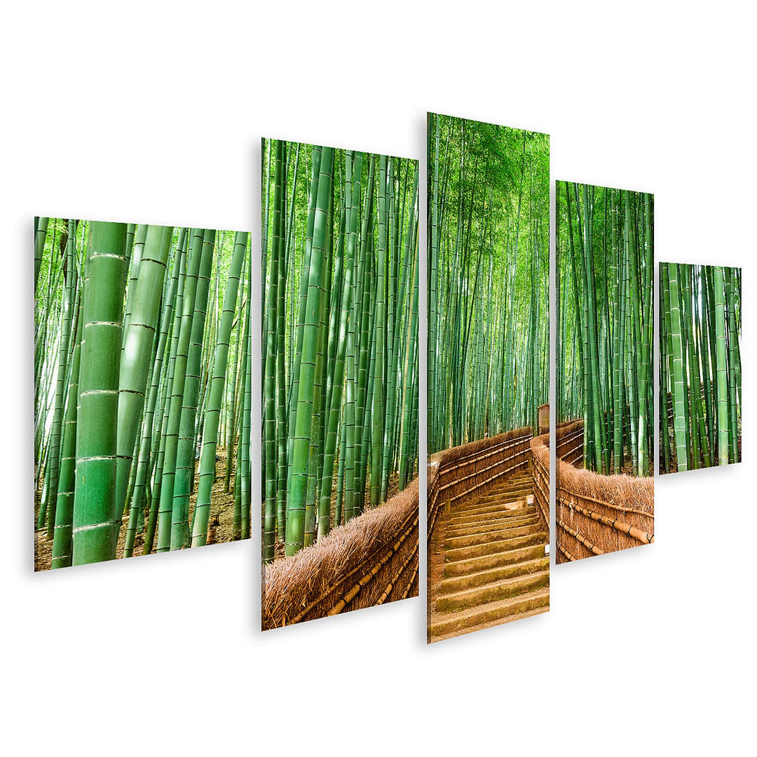 islandburner Bild auf Leinwand Kyoto Japan Bambuswald Bilder Wandbilder Poster 170x80cm - 5 Teile, 1