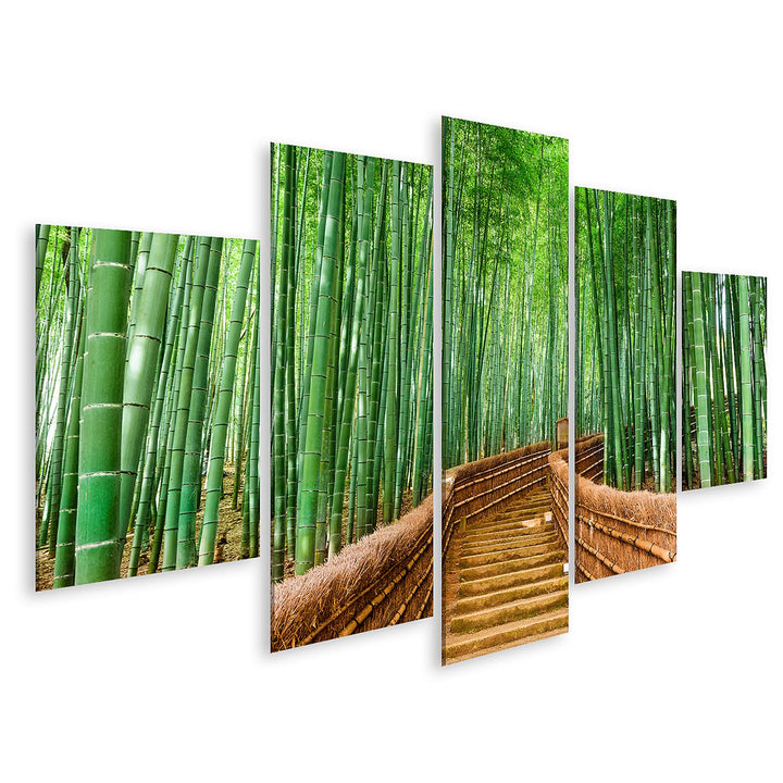 islandburner Bild auf Leinwand Kyoto Japan Bambuswald Bilder Wandbilder Poster 170x80cm - 5 Teile, 1