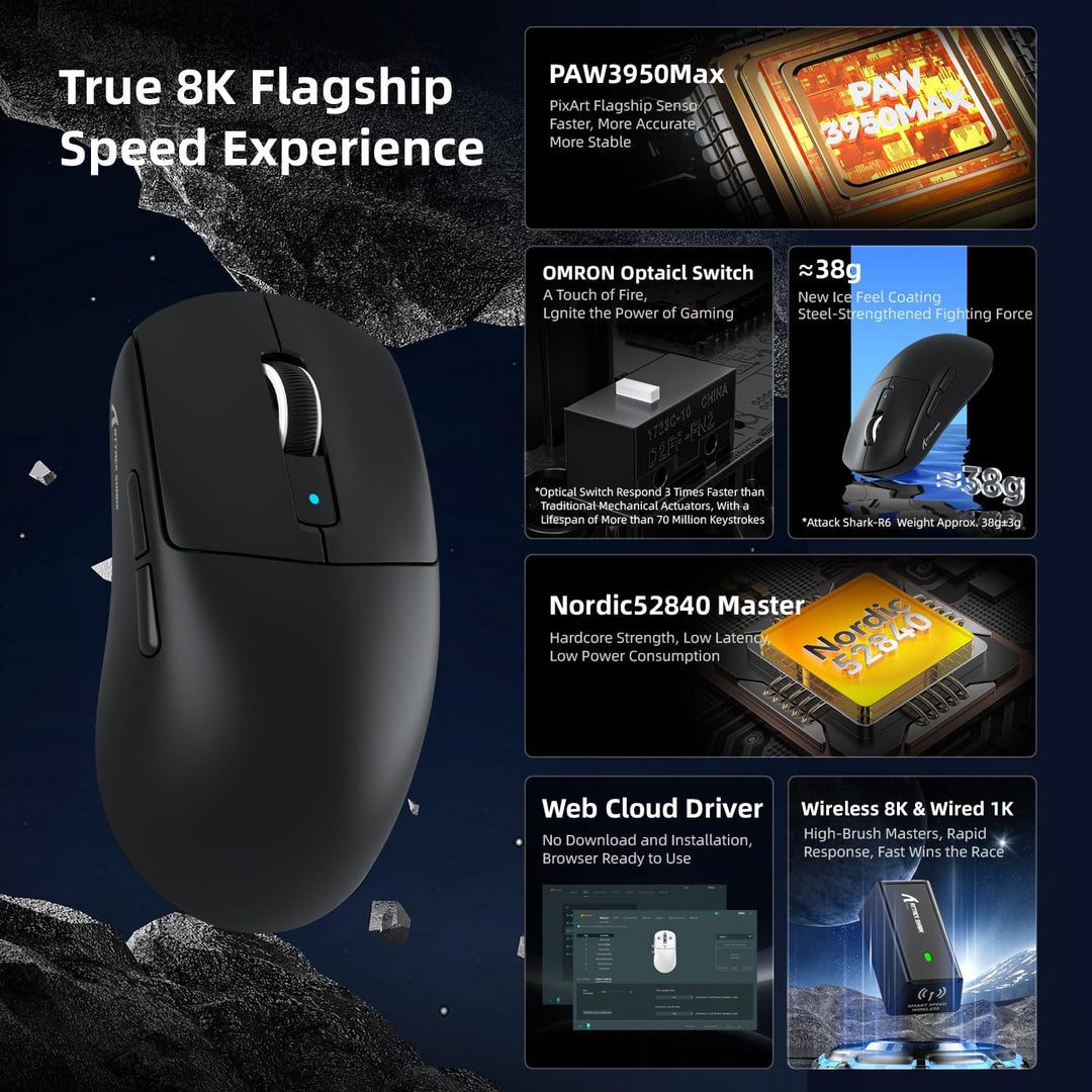 MAMBASNAKE x ATTACK SHARK R6 39g Superlight Maus, PixArt PAW3950MAX Sensor, 8K Wireless Gaming Mouse