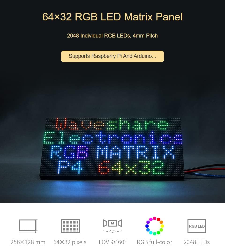 Waveshare RGB Full-Color LED Matrix Panel 4mm Pitch 64×32 Pixels 2048 Individual RGB LEDs Adjustable