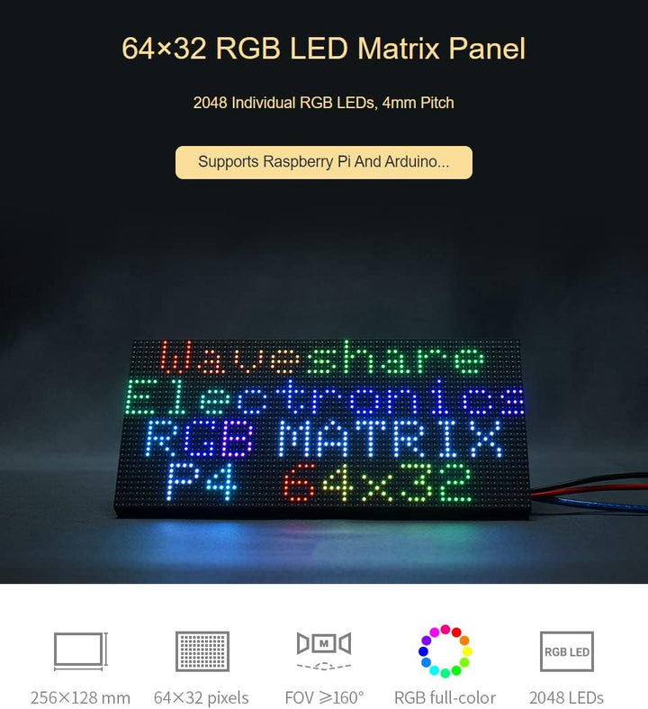 Waveshare RGB Full-Color LED Matrix Panel 4mm Pitch 64×32 Pixels 2048 Individual RGB LEDs Adjustable