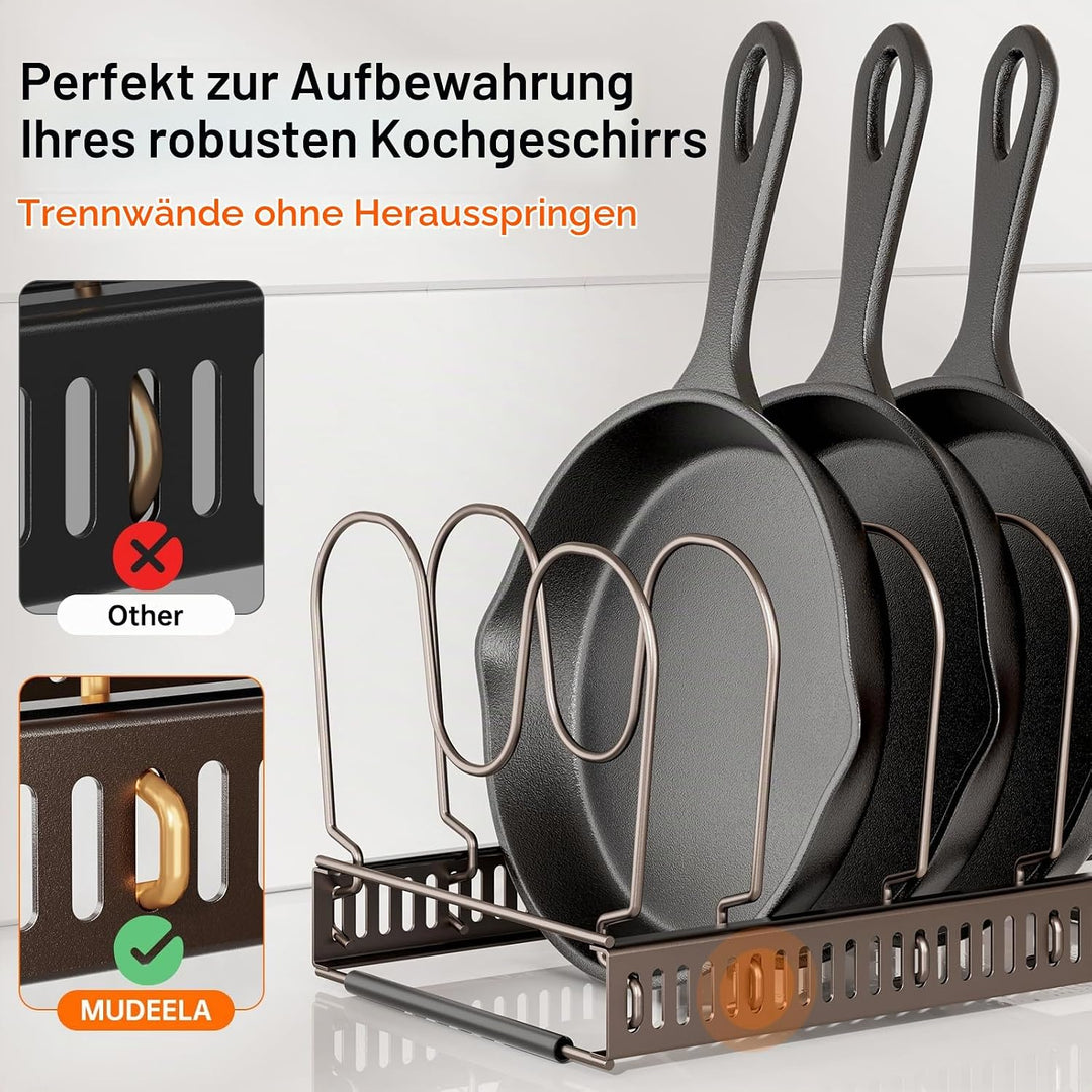 MUDEELA Topfdeckel Organizer für Schrank, Pfannenhalter für Schublade mit 12 Verstellbaren Trennwänd
