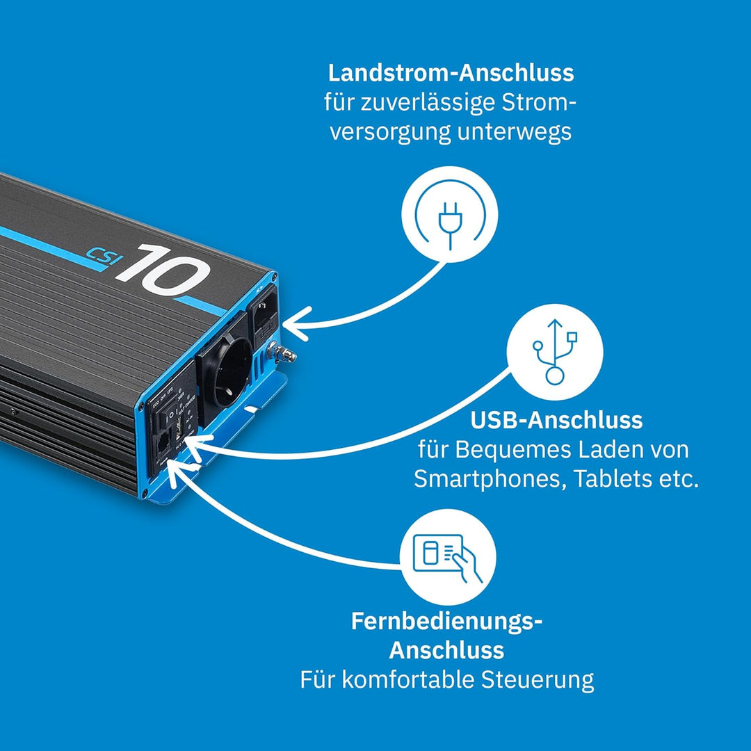 ECTIVE Reiner Sinsus Wechselrichter CSI 10-1000W, 12V auf 230V, USB, USV Funktion, Überhitzungsschut