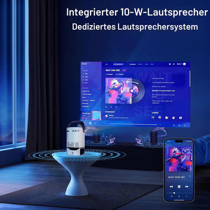 Smart Beamer, Tragbarer Projektor with WiFi &amp; Bluetooth 5.4, 1080P Video Proyector 600 ANSI Lumen, 1