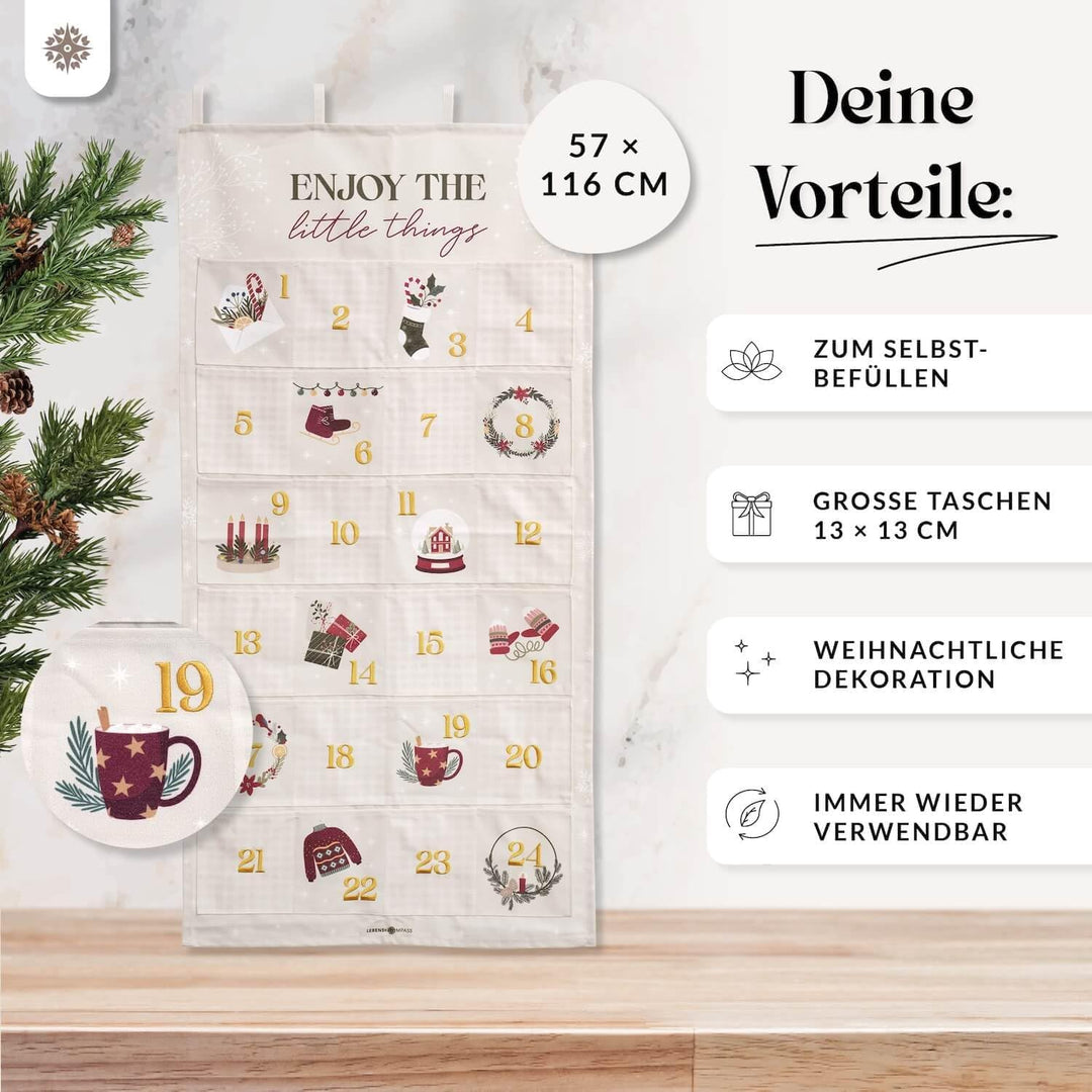Lebenskompass® Adventskalender zum Befüllen aus Stoff - Wandteppich mit 24 grosse Taschen - Stilvoll