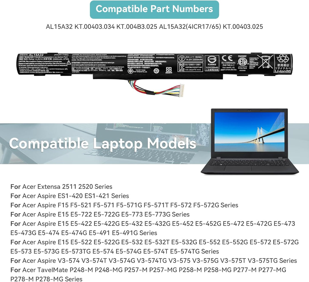 K KYUER 37Wh AL15A32 Laptop Akku für Acer Aspire ES1-420 ES1-421 E5-452 E5-452G E5-473G E5-473T E5-4