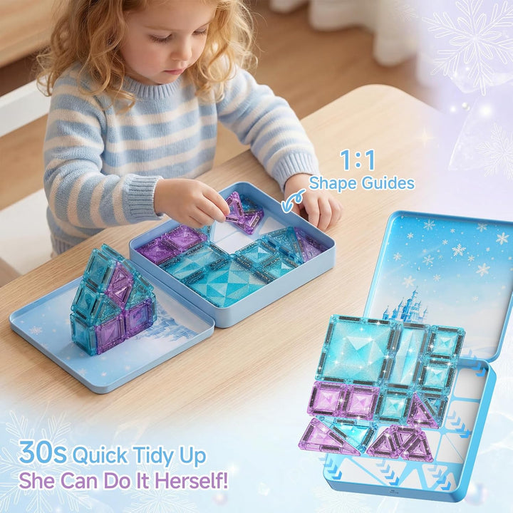 burgkidz Magnetische Bausteine Reisespielzeug für Mädchen, 42 Teile Eisprinzessin Magnetische Tiles