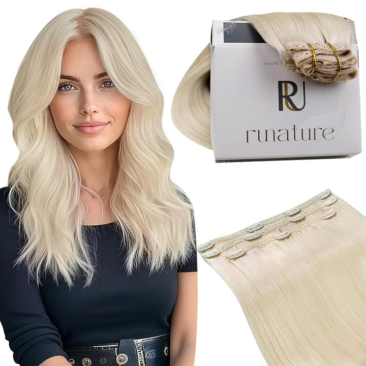 RUNATURE Clip in Extensions 45cm Blond Clip Extensions Echthaar Weisse Blondine Remy Extensions Clip