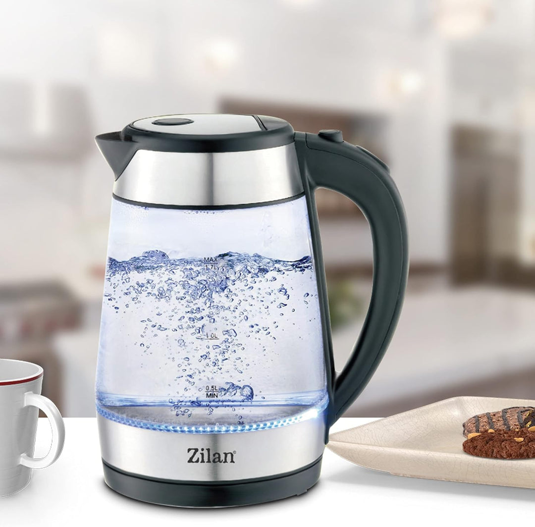 Edelstahl Glas Wasserkocher | 2200W | 1,7 Liter | Blaue LED-Beleuchtung | 360 Grad | Kalkfilter | BP