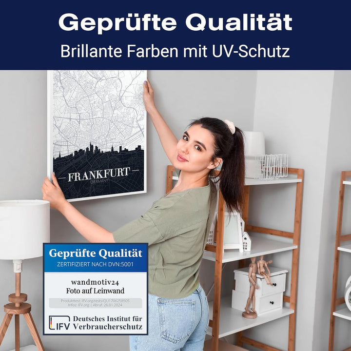 wandmotiv24 Leinwandbild Stadt Karte, Hochformat, Frankfurt am Main, Deutschland, Skyline M0451 80L