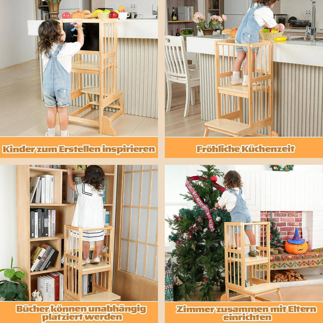 Toddler Tower Kleinkind-Turm, Tritthocker Lernhocker mit Maltafel, Sicherheitszaun & Kippschutz aus