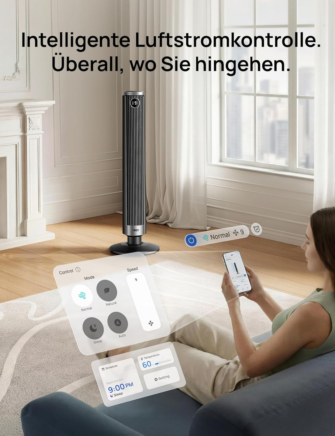 DREO Smart 102–114cm Turmventilator fürs Schlafzimmer, Höhenverstellbar, 8.4m/s, DC-Motor, 9 Stufen,