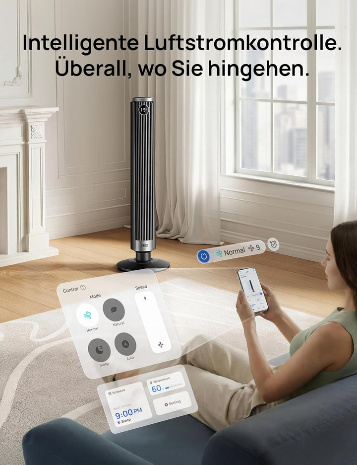 DREO Smart 102–114cm Turmventilator fürs Schlafzimmer, Höhenverstellbar, 8.4m/s, DC-Motor, 9 Stufen,