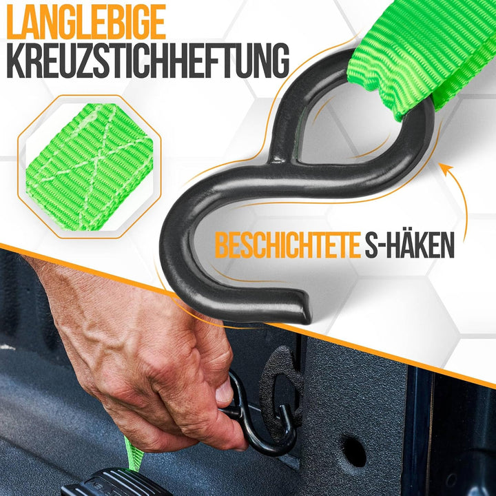 FORTEM Spanngurte, 748 kg Bruchfestigkeit, 4 x 4,57 m Spanngurte mit Ratsche - 4 Weiche Zurrschlaufe