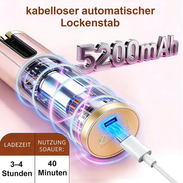 Lockenstab Automatisch Rotierend, Kabelloser Lockenstab Automatisch Keramik, 6 Temperaturstufen, Auf
